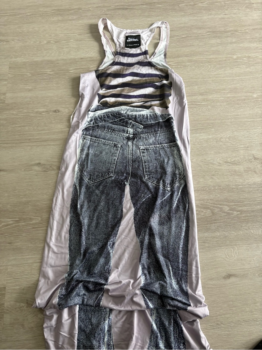 Striped Tank with Printed Jeans Design - Light Pink **Dress